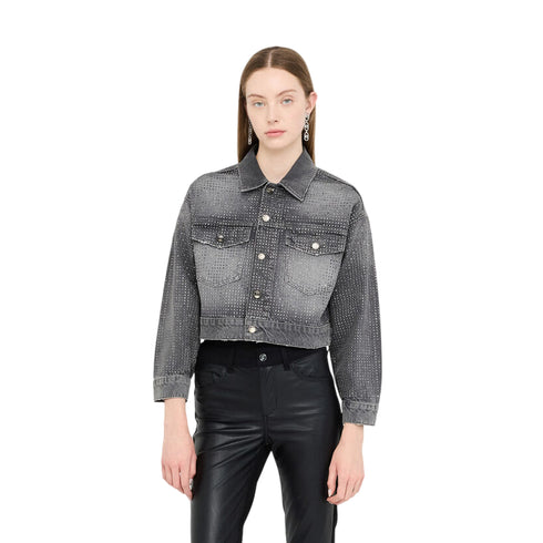 Giacca Donna cropped in denim con strass modella frontale